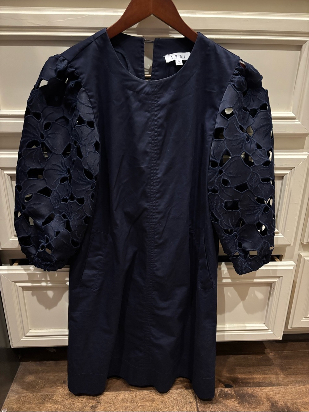 THML Navy Dress with Cutout Floral Puff Sleeves, size small